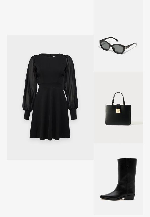 Vestido negro con corpiño ajustado, falda acampanada y mangas abullonadas transparentes. Presenta un escote redondo y cierre de cremallera en la parte posterior.; Bota vaquera negra de cuero hasta la mitad de la pantorrilla con puntera puntiaguda, tacón bajo apilado y presilla en la parte superior sobre un fondo liso.; Gafas de sol rectangulares negras con un marco angular distintivo, lentes gris oscuro y un sutil logo de la marca en la patilla.; Bolso de mano de cuero negro con asas dobles, forma rectangular estructurada, herrajes en tono dorado, que presenta un detalle de cierre con logotipo cuadrado.
