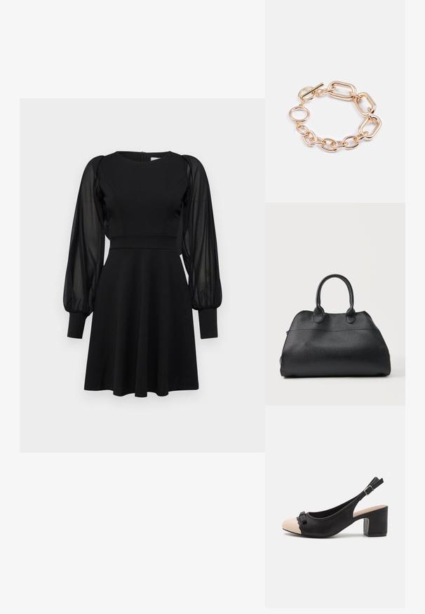 Vestido negro con corpiño ajustado, falda acampanada y mangas abullonadas transparentes. Presenta un escote redondo y cierre de cremallera en la parte posterior.; Zapato negro tipo slingback con punta beige, diseño redondeado, tacón bajo en bloque, acento decorativo de lazo y detalles con borde festoneado.; Bolso de mano negro de cuero texturizado con dos asas redondeadas, forma estructurada y acabado liso, mostrado sobre un fondo claro y sencillo.; Pulsera de metal en tono dorado con eslabones ovalados y redondos entrelazados, con un cierre de palanca y superficies pulidas.