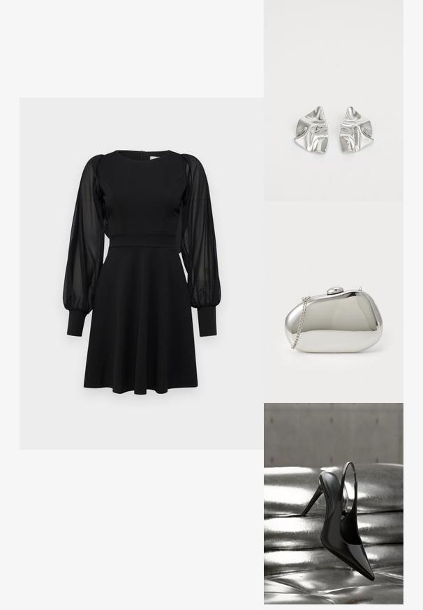 Robe noire avec un corsage ajusté, une jupe évasée et des manches bouffantes transparentes. Présente un col rond et une fermeture éclair au dos.; Chaussure à talon haut à bride arrière noire brillante, équilibrée sur une surface métallique argentée brillante et rembourrée, à texture lisse.; Pochette en métal argenté avec une forme arrondie et lisse. Dispose d'une fermeture à clip et d'une bandoulière détachable. Surface réfléchissante sans motifs.; Boucles d'oreilles en métal argenté avec un design ondulé et sculptural, présentant une finition polie et des formes irrégulières, mettant en valeur une esthétique contemporaine.