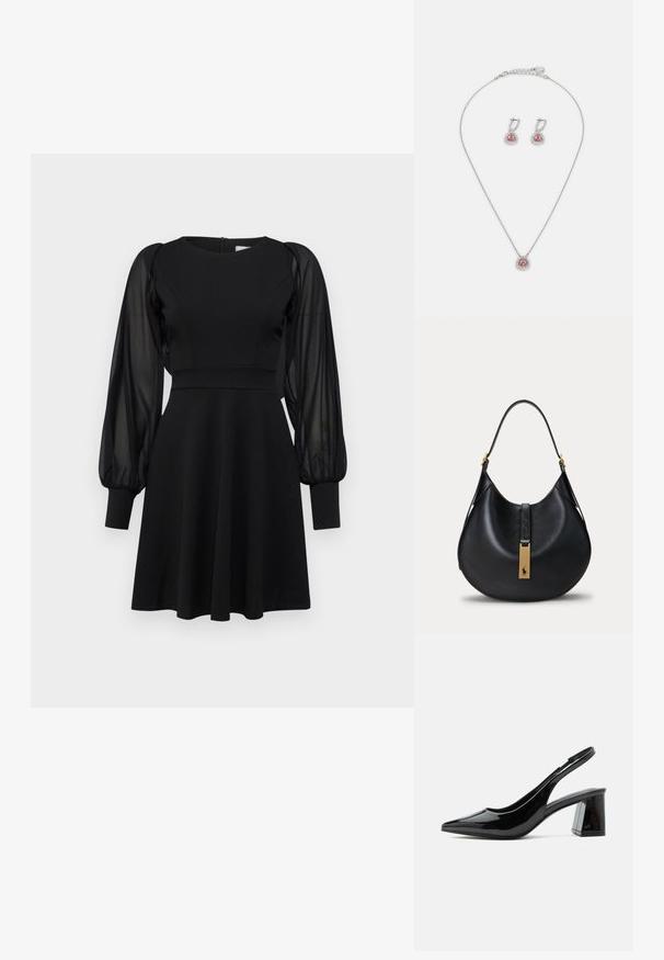 Schwarzes Kleid mit tailliertem Oberteil, ausgestelltem Rock und durchsichtigen Puffärmeln. Verfügt über einen runden Ausschnitt und einen Reißverschluss hinten.; Schwarzer Slingback-Schuh aus Lackleder mit spitzer Zehenpartie und klobigem mittelhohem Blockabsatz auf weißem Hintergrund.; Schwarze, halbmondförmige Ledertasche mit einem Riemen und rechteckigem goldfarbenem Verschluss mit Pferde- und Reiter-Logo.; Schmuckset mit einer silberfarbenen Halskette, die einen rosa Edelsteinanhänger und passende Ohrringe mit rosa Steinen enthält, alles mit glänzenden Akzenten.