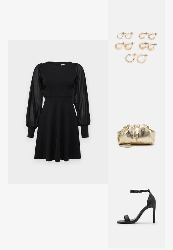 Vestido negro con corpiño ajustado, falda acampanada y mangas abullonadas transparentes. Presenta un escote redondo y cierre de cremallera en la parte posterior.; Sandalia de tacón alto negra con un diseño elegante, que cuenta con una correa en el tobillo, punta abierta y una textura de cuero suave.; Bolso de mano metálico dorado con una textura arrugada, forma redondeada suave y una correa de cadena desmontable. Presenta un diseño fruncido en la parte superior.; Conjunto de pendientes color oro, que presentan diferentes formas: aros pequeños, media lunas voluminosas y acentos de cadena. Acabados lisos y texturizados.