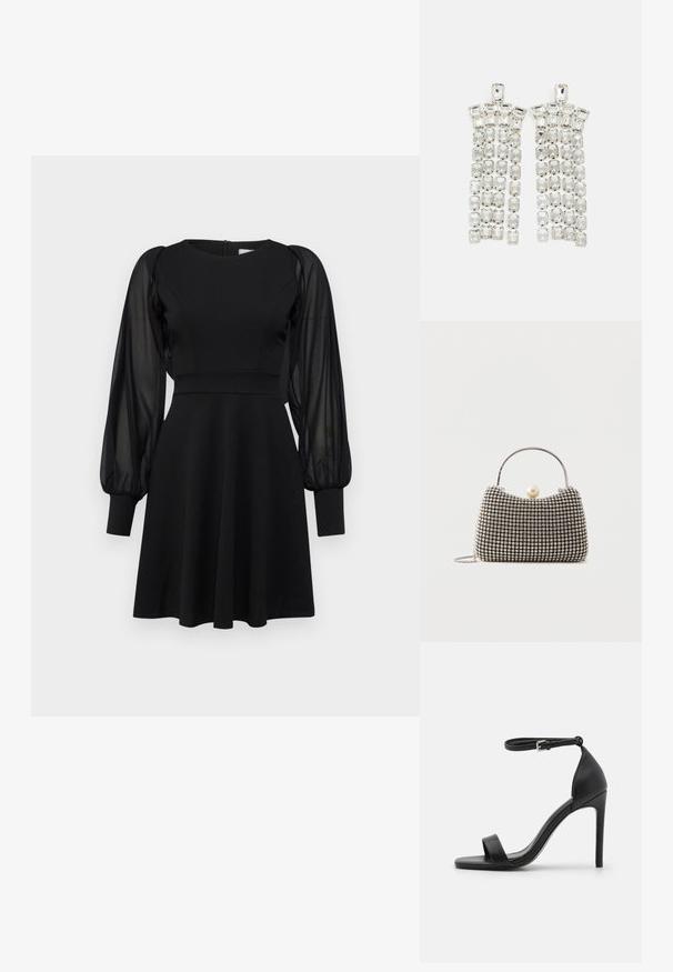 Vestido negro con corpiño ajustado, falda acampanada y mangas abullonadas transparentes. Presenta un escote redondo y cierre de cremallera en la parte posterior.; Sandalia de tacón alto negra con un diseño elegante, que cuenta con una correa en el tobillo, punta abierta y una textura de cuero suave.; Pequeño bolso de mano con patrón de cuadrícula plateada, asa curva, gran cierre de perla y una delgada correa de cadena plateada sobre un fondo liso.; Pendientes de gota de cristal con un acabado en tono plateado, adornados con múltiples piedras recortadas en forma rectangular y cuadrada dispuestas en filas en cascada.