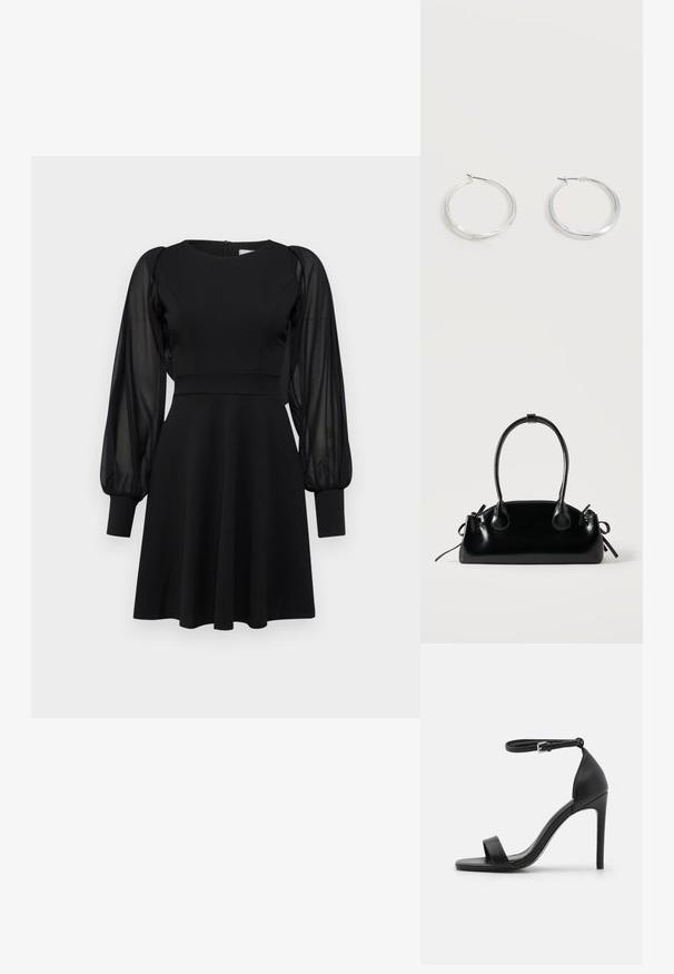 Robe noire avec un corsage ajusté, une jupe évasée et des manches bouffantes transparentes. Présente un col rond et une fermeture éclair au dos.; Sandale noire à talons hauts au design épuré, avec une bride au niveau de la cheville, un bout ouvert et une texture en cuir lisse.; Petit sac à main noir brillant avec deux longues anses et des détails à cordon sur les côtés sur un fond clair uni.; Boucles d’oreilles créoles en métal argenté avec une surface lisse légèrement incurvée et des fermoirs à clapet sur un fond blanc uni.