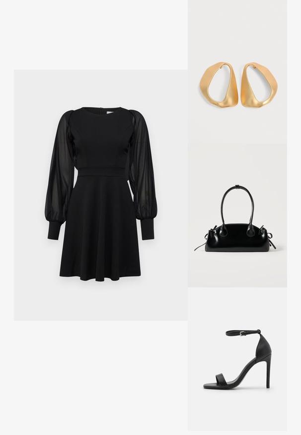 Robe noire avec un corsage ajusté, une jupe évasée et des manches bouffantes transparentes. Présente un col rond et une fermeture éclair au dos.; Sandale noire à talons hauts au design épuré, avec une bride au niveau de la cheville, un bout ouvert et une texture en cuir lisse.; Petit sac à main noir brillant avec deux longues anses et des détails à cordon sur les côtés sur un fond clair uni.; Paire de boucles d’oreilles créoles en or irrégulières et asymétriques avec une finition lisse et mate sur un fond neutre.