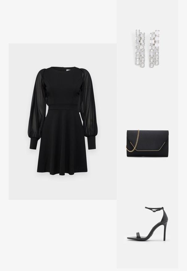 Vestido negro con corpiño ajustado, falda acampanada y mangas abullonadas transparentes. Presenta un escote redondo y cierre de cremallera en la parte posterior.; Sandalias de tacón alto negras con punta abierta, tiras delgadas y hebilla en el tobillo. Textura de cuero suave con un diseño de punta afilada.; Bolso de mano negro con una textura suave, que presenta una cadena dorada y un cierre de solapa geométrica delineado en dorado.; Pendientes rectangulares transparentes con un diseño en cascada, que presentan múltiples piedras enlazadas, montadas en metal de tono plateado con un acabado pulido.