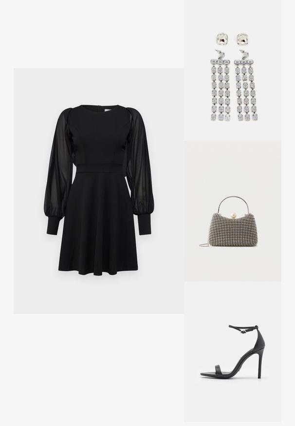 Robe noire avec un corsage ajusté, une jupe évasée et des manches bouffantes transparentes. Présente un col rond et une fermeture éclair au dos.; Sandales noires à talons hauts avec un orteil ouvert, des fines lanières et une boucle à la cheville. Texture en cuir lisse avec un design de forme pointue.; Petit sac à main avec motif à carreaux argenté, poignée incurvée, grande fermeture à perle et une fine bandoulière en chaîne argentée sur un fond uni.; Boucles d'oreilles en cristal avec des accessoires en ton argent, comportant un clou carré et des rangées en cascade de cristaux rectangulaires et octogonaux.