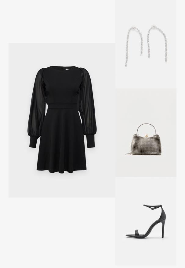 Robe noire avec un corsage ajusté, une jupe évasée et des manches bouffantes transparentes. Présente un col rond et une fermeture éclair au dos.; Sandales noires à talons hauts avec un orteil ouvert, des fines lanières et une boucle à la cheville. Texture en cuir lisse avec un design de forme pointue.; Petit sac à main avec motif à carreaux argenté, poignée incurvée, grande fermeture à perle et une fine bandoulière en chaîne argentée sur un fond uni.; Boucles d'oreilles en argent avec des chaînes pendantes, présentant plusieurs pierres précieuses claires disposées en motif linéaire, offrant un effet scintillant.