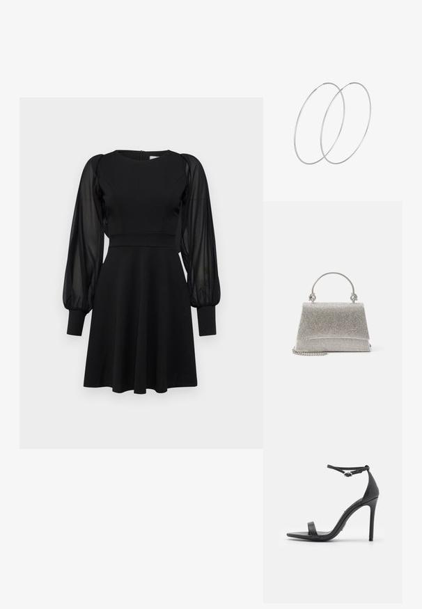 Schwarzes Kleid mit tailliertem Oberteil, ausgestelltem Rock und durchsichtigen Puffärmeln. Verfügt über einen runden Ausschnitt und einen Reißverschluss hinten.; Schwarze High Heels Sandalen mit offener Zehe, dünnen Riemen und Knöchelverschluss. Glatte Ledertextur mit spitzem Zehendesign.; ALDO FELISIA - Handtasche - silver-coloured; Silberne Creolen mit minimalistischem Design. Rundform, glatte Oberfläche und dünnes Profil. Leichtgewichtig mit hochglänzender Oberfläche.