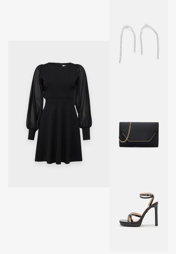 Schwarzes Kleid mit tailliertem Oberteil, ausgestelltem Rock und durchsichtigen Puffärmeln. Verfügt über einen runden Ausschnitt und einen Reißverschluss hinten.; RAID DIMONA - High Heel Sandalette - black; Schwarze Clutch-Tasche mit glatter Textur, ausgestattet mit einem goldenen Kettenriemen und einem geometrischen Klappverschluss, der in Gold eingefasst ist.; Silberohrringe mit herabhängenden Ketten, die mehrere klare Edelsteine in einem linearen Muster angeordnet haben und einen schimmernden Effekt bieten.