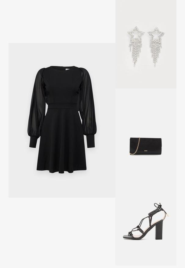 Robe noire avec un corsage ajusté, une jupe évasée et des manches bouffantes transparentes. Présente un col rond et une fermeture éclair au dos.; DeeZee Sandales à talons hauts - black; Porte-monnaie noir en daim avec une finition texturée, doté d'une chaîne dorée et d'un design épuré et angulaire.; Boucles d'oreilles en strass en forme d'étoile avec des détails de franges en cascade, présentant une teinte argentée et une surface brillante et réfléchissante. Forme d'étoile avec un design complexe.