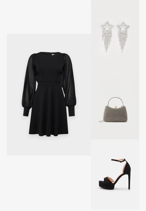 Robe noire avec un corsage ajusté, une jupe évasée et des manches bouffantes transparentes. Présente un col rond et une fermeture éclair au dos.; Sandale à talons hauts en daim noir avec une semelle compensée, bride de cheville avec quincaillerie en argent, design à bout ouvert et texture lisse.; Petit sac à main avec motif à carreaux argenté, poignée incurvée, grande fermeture à perle et une fine bandoulière en chaîne argentée sur un fond uni.; Boucles d'oreilles en strass en forme d'étoile avec des détails de franges en cascade, présentant une teinte argentée et une surface brillante et réfléchissante. Forme d'étoile avec un design complexe.