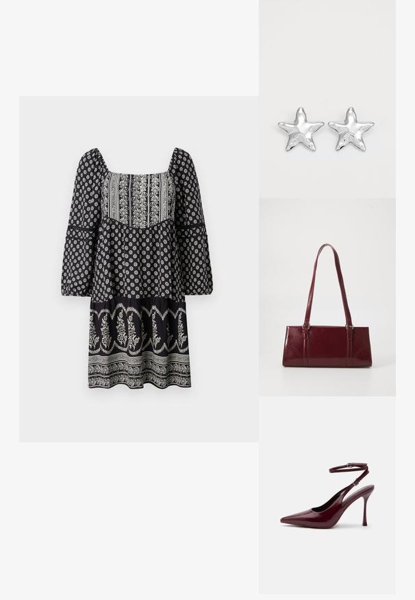 Vestido negro con estampado floral, escote cuadrado, mangas largas de campana y dobladillo en capas. Presenta patrones bordados en blanco a lo largo de toda la prenda.; Zapato de tacón alto en burdeos brillante con punta puntiaguda, correa en el tobillo con hebilla, tacón de aguja delgado, vista lateral sobre fondo liso.; Bolso burdeos hecho de material brillante, de forma rectangular, con dos asas para el hombro y sutiles acentos curvados en la parte frontal.; Pendientes en forma de estrella plateada con una superficie pulida y brillante. Cada pendiente presenta cinco puntas y sutiles detalles de textura en la superficie.