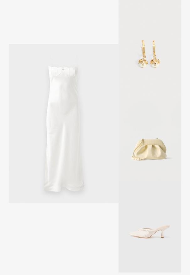 Robe satinée blanche à fines bretelles, corsage moulant avec un décolleté en forme de vagues et une silhouette fluide, longueur cheville.; Chaussure mule en tissu beige clair avec un design noué à l'avant, bout pointu et talon fin et effilé. Texture lisse dans l'ensemble.; Petit sac à main en cuir jaune pâle avec devant froncé, ferrures dorées et bandoulière réglable sur fond blanc.; Boucles d'oreilles créoles en or avec des perles blanches pendantes serties d'or et de petits cristaux clairs sur un fond clair uni.