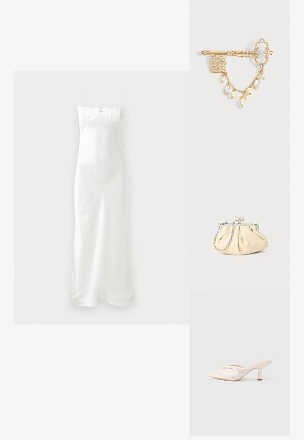 Witte satijnen slipdress met dunne bandjes, gevormde bodice met geschulpte bovenkant en een vloeiende, enkel lengte silhouet.; Muil in lichtbeige stof met een geknoopt ontwerp aan de voorkant, een puntige neus en een slanke, taps toelopende hak. Over het geheel genomen een gladde textuur.; Geplooide beige leren clutch met een zilveren metalen frame, voorzien van twee ronde decoratieve sluitingen en een zilveren kettingriem.; Gouden decoratieve broche in sleutelvorm met heldere kristallen, filigraan details en hangende gouden ketting met parels en kristallen bedels op een witte achtergrond.