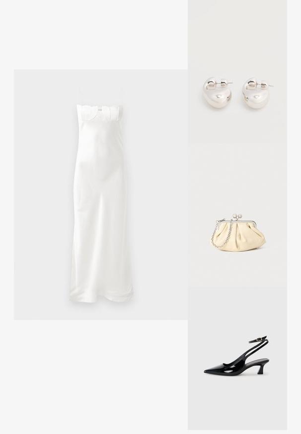 Robe satinée blanche à fines bretelles, corsage moulant avec un décolleté en forme de vagues et une silhouette fluide, longueur cheville.; Escarpins à brides arrière en cuir verni noir, à bout pointu, avec un petit talon carré et une sangle de cheville ajustable dotée d'une boucle dorée.; Pochette en cuir beige plissé avec un cadre en métal argenté, dotée de deux fermoirs ronds décoratifs et d'une chaîne en argent.; Paire de boucles d'oreilles argentées brillantes et épaisses avec fermoirs à tige, sur fond blanc uni.