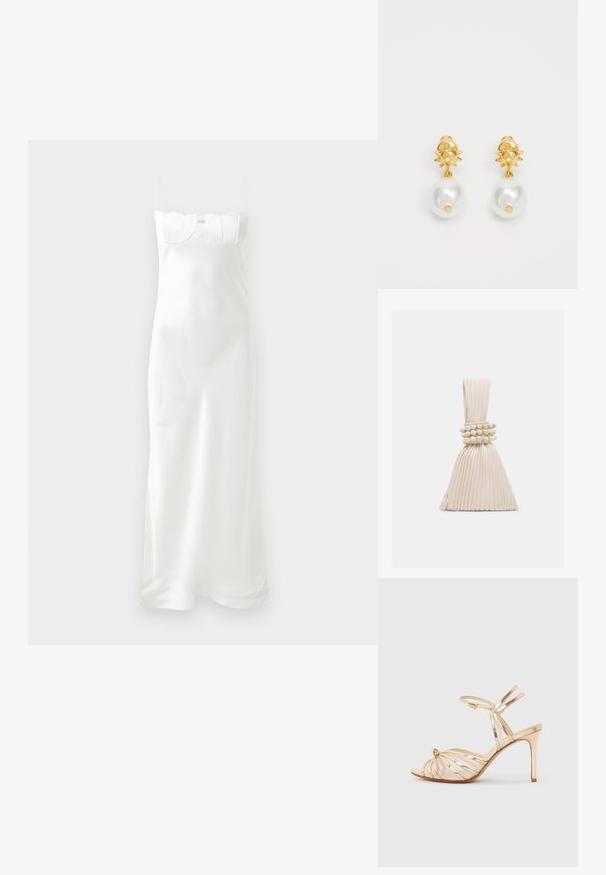 Robe satinée blanche à fines bretelles, corsage moulant avec un décolleté en forme de vagues et une silhouette fluide, longueur cheville.; Sandale à talon haut dorée à brides avec boucle à la cheville, bout ouvert et détail de nœud sur un fond clair.; Petit sac à main beige plissé avec une anse nouée et trois bracelets ronds en perles enroulés autour du milieu.; Boucles d'oreilles dorées avec un sommet en forme de soleil et une grosse perle blanche pendante. Présentent une texture lisse et une finition brillante.