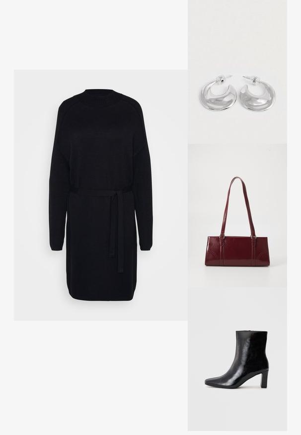 Schwarzes gestricktes Kleid mit hohem Kragen, langen Ärmeln und einem passenden Gürtel in der Taille. Glatte Textur und lockere Passform.; Schwarze Knöchelstiefel aus glänzendem Leder mit spitzem Zustand und mittelhohem Blockabsatz, mit glatter Textur und einfachem Design.; Burgunderfarbene Handtasche aus glänzendem Material, rechteckige Form, mit zwei Schulterriemen und subtilen, geschwungenen Akzenten an der Vorderseite.; Ein Paar polierte silberne, halbmondförmige Creolen mit klaren Kunststoffrückseiten auf einer weißen Oberfläche.