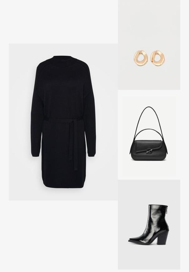 Schwarzes gestricktes Kleid mit hohem Kragen, langen Ärmeln und einem passenden Gürtel in der Taille. Glatte Textur und lockere Passform.; Schwarze Leder-Ankle Boots mit glänzendem Finish, spitzer Zehenform und Blockabsatz. Verfügt über einen seitlichen Reißverschluss für ein einfaches Anziehen.; Schwarze Lederhandtasche mit abgerundeten Kanten, asymmetrischem Überschlag, metallfarbenem runden Verschluss und kurzen sowie langen Schulterriemen.; Paar unregelmäßig geformter, polierter Creolen aus goldfarbenem Metall mit offenem Zentrum auf weißem Hintergrund.