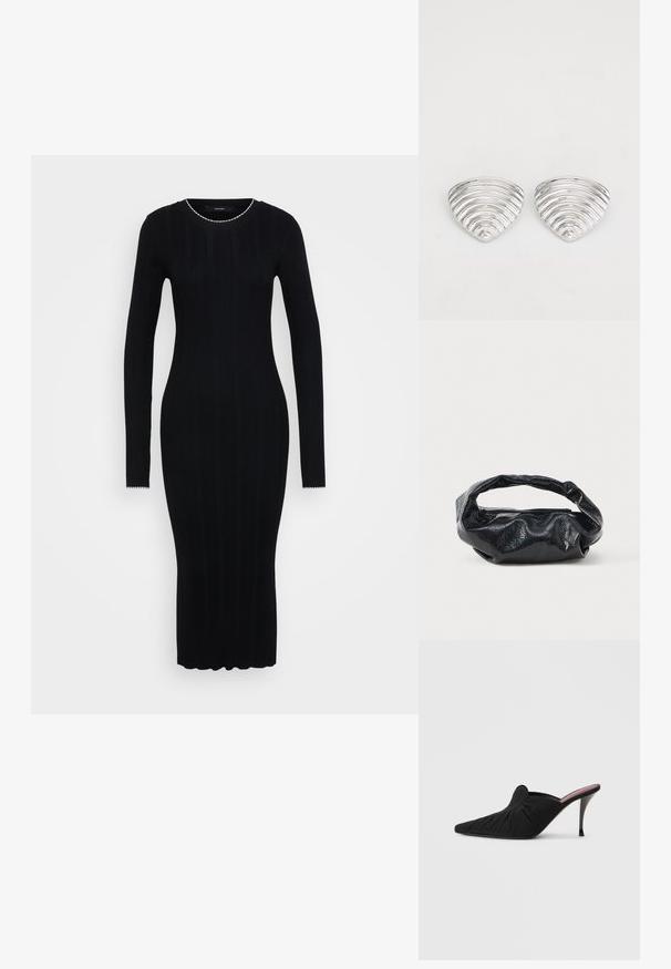 Vero Moda Tall VMNINA O NECK CALF - Šaty do práce - black/birch; Čierna vysoká dámska obuv s otvorenou pätou, so špicatou špičkou, z jemnej tkaniny s naberanou textúrou na prednej časti a úzkym ihličkovým podpätkom.; Čierna taška z lesklého, textúrovaného materiálu s obvodovým, skrúteným uchom a zipsovým uzáverom. Vyznačuje sa mäkkým, zvrásneným dizajnom.; Strieborné náušnice s vlnitým, textúrovaným dizajnom v tvare prekrývajúcich sa polmesiacov; leštený povrch zvyšuje odrazové vlastnosti.