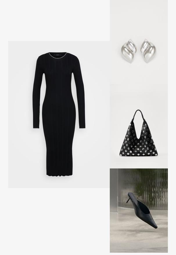 Vero Moda Tall VMNINA O NECK CALF - Vabalt langev kleit - black/birch; Mustad terava ninaga mule-tüüpi kinga õhukese kõrge kontsaga, mis hõljub sileda betoonpinna kohal, udune vertikaalsete triipudega taust.; Mustmust kott kolmnurkse kujuga, millel on hõbedased metallilised täpid ja tekstuuriga käepide. Üldiselt sile viimistlus.; Hõbedased kõrvarõngad orgaanilise ja abstraktse kujuga. Siledad, läikivad pinnad ja kitsenev disain. Omavad peeneid kõverusi ja keskset joondetaili.