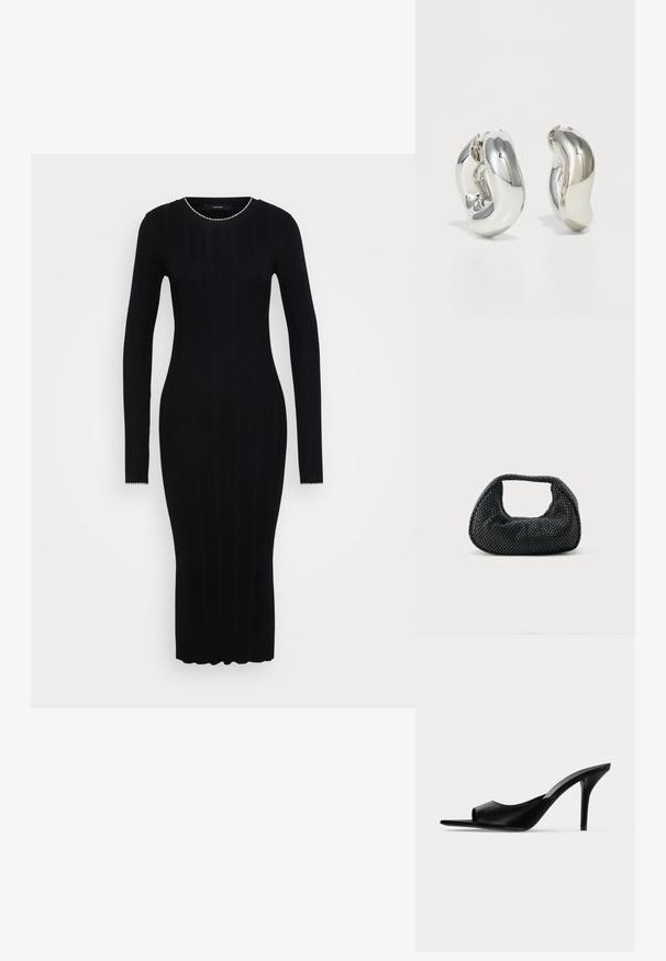 Vero Moda Tall VMNINA O NECK CALF - Šaty do práce - black/birch; Čierne kožené šľapky s otvorenou špičkou a vysokým tenkým podpätkom, zobrazené v bočnom profile na jednoduchom pozadí.; Čierna tkaná kabelka hobo s mäkkou štruktúrou a integrovanou rukoväťou, zobrazená na jednoduchom svetlom pozadí.; Strieborné sochárske náušnice s hladkými, zakrivenými tvarmi a reflexnými povrchmi. Obsahujú uzavretý kruhový dizajn a výraznú organickú formu.