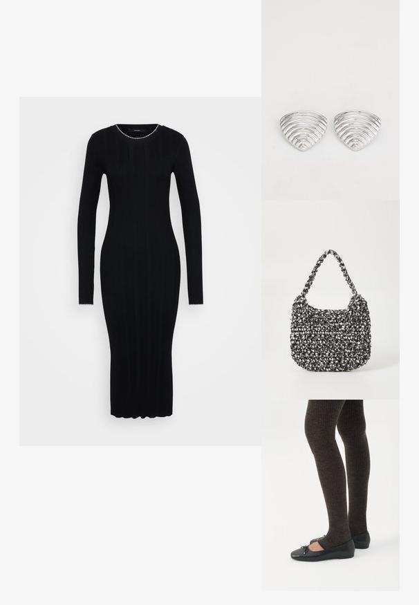 Vero Moda Tall VMNINA O NECK CALF - Etui-jurk - black/birch; Benen met donkere geribbelde leggings gecombineerd met zwarte ballerina's met kleine strikdetails op een witte achtergrond.; Geweven handtas in zwart en wit met een ronde vorm, gestructureerd oppervlak en een gevlochten handvat. Geschikt voor dagelijks gebruik.; Zilverkleurige oorknoppen met een golvend, getextureerd ontwerp, gevormd als overlappende maanschijven; de gepolijste afwerking versterkt de reflecterende kwaliteiten.