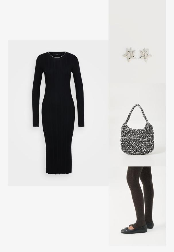 Vero Moda Tall VMNINA O NECK CALF - Robe fourreau - black/birch; Jambes portant des leggings côtelés foncés associés à des ballerines noires avec de petits détails en nœud sur fond blanc.; Sac en osier noir et blanc de forme arrondie, avec une surface texturée et une poignée tressée. Convient à un usage décontracté.; Boucles d’oreilles créoles en forme d’étoile argentée avec une finition lisse et polie sur un fond blanc uni.