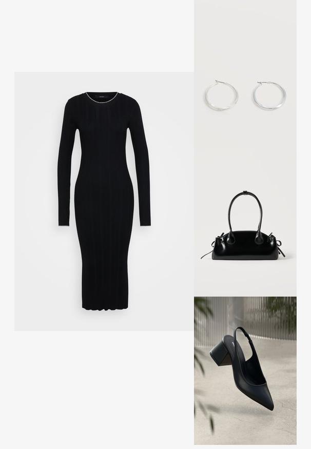 Vero Moda Tall VMNINA O NECK CALF - Etui-jurk - black/birch; Zwarte leren slingback hak met een spitse neus en een blokhak. Glad oppervlak, minimalistisch ontwerp en verstelbare enkelband.; Kleine zwarte glanzende handtas met twee lange hengsels en zijkant trekkoord details op een effen lichte achtergrond.; Zilverkleurige metalen creolen oorbellen met een glad, licht gebogen oppervlak en sluitingen met haaksluiting op een effen witte achtergrond.
