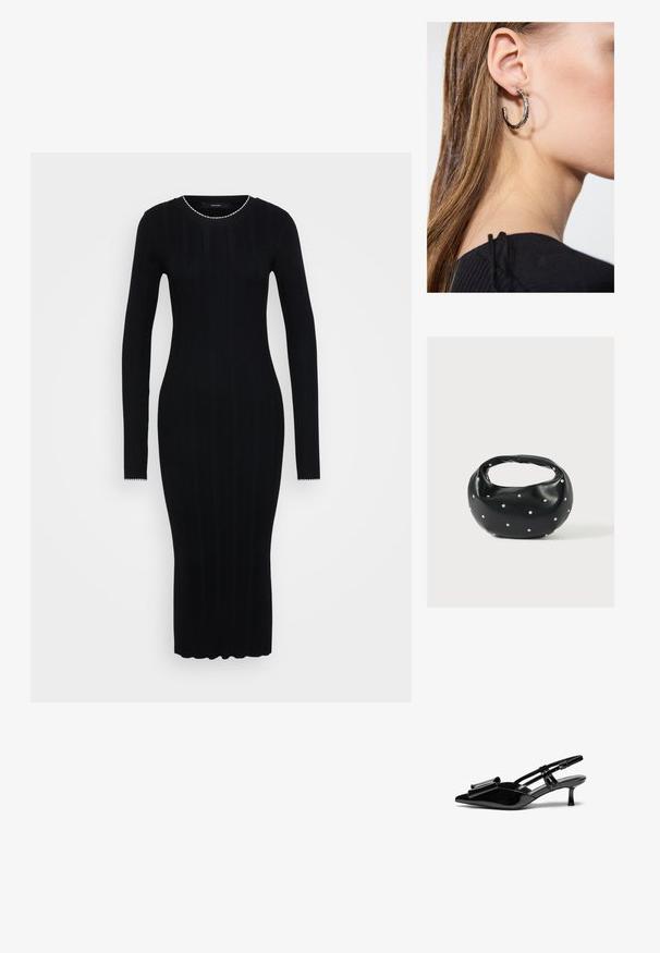 Vero Moda Tall VMNINA O NECK CALF - Vabalt langev kleit - black/birch; Mustad läikivad nahkjalatsid, millel on terav varvas, ees viigivöönd ja väike stiletto konts. Rihmad on reguleeritavate pandlitega.; Mustast nahast ümmarguse kujuga käekott, kaunistatud hõbedaste naeladega, lühikese sangaga. Sile tekstuur ja tõmblukuga sulgemine.; Hõbedane rõngas kõrvarõngas poleeritud viimistlusega, millel on väikesed kuldsed aktsendid ja ümmargune kuju, kantud lobus.