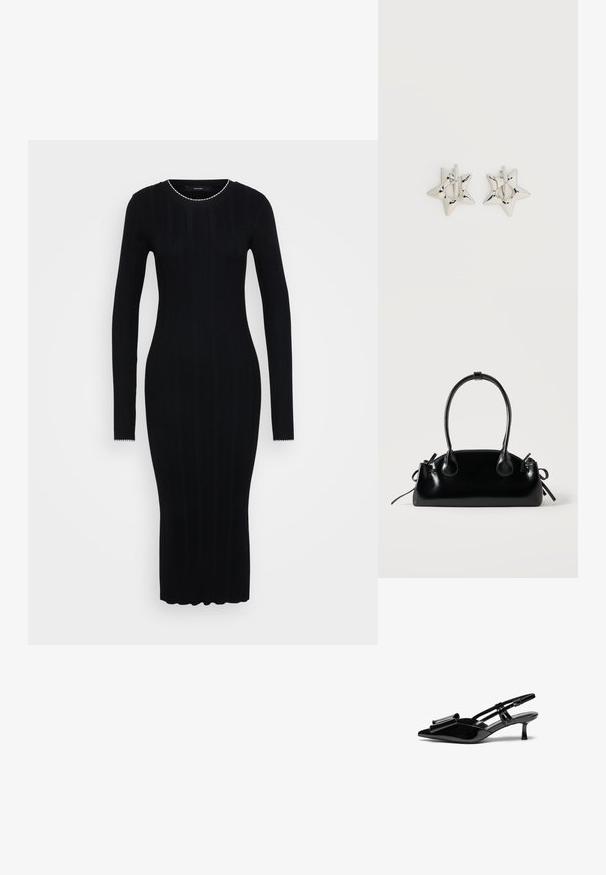 Vero Moda Tall VMNINA O NECK CALF - Šaty do práce - black/birch; Čierne lakované kožené slingback opätky s špicatou špičkou, mašľou na prednej strane a malým ihličkovým podpätkom. Popruhy majú nastaviteľné spony.; Malá čierna lesklá kabelka s dvoma dlhými rúčkami a bočnými šnúrkovými detailmi na jednoduchom svetlom pozadí.; Strieborné náušnice kruhy v tvare hviezdy s hladkým, lešteným povrchom na jednofarebnom bielom pozadí.