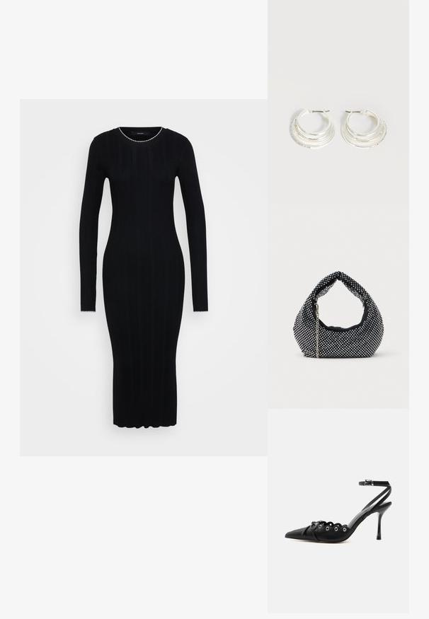 Vero Moda Tall VMNINA O NECK CALF - Etui-jurk - black/birch; Zwarte pumps met hoge hak en spitse neus, gegolfde randen, metalen oogjes, vetergespsluiting aan de voorzijde en enkelriem met gespsluiting.; Zwarte mesh handtas versierd met zilveren studs, met een gebogen handvat en een kettingschouderriem. Zachte textuur met een ronde vorm.; Zilveren oorringen met drie gelaagde halve cirkelvormige banden, waarvan één versierd met kleine heldere kristallen op een lichte achtergrond.