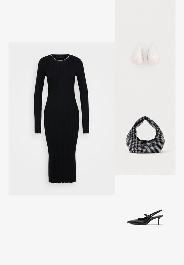 Vero Moda Tall VMNINA O NECK CALF - Vestido de tubo - black/birch; Zapatos de tacón slingback de cuero negro con punta afilada, correa ajustable delgada y un tacón de aguja de aproximadamente 5 cm, textura suave.; Bolso de malla negra adornado con tachuelas plateadas, con un asa curvada y una correa de cadena. Textura suave con forma redondeada.; Pendientes de gota de metal plateado con una superficie suave y reflectante, en forma de lágrima, que presentan un diseño sin costuras y sin embellishments visibles.
