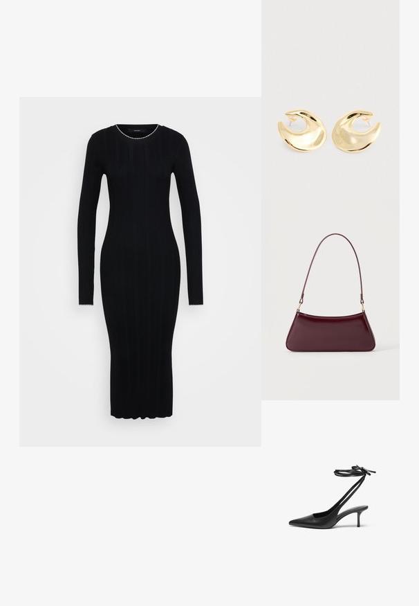 Vero Moda Tall VMNINA O NECK CALF - Vestido de tubo - black/birch; Zapato de charol negro con tacón de aguja y punta afilada, con la parte trasera abierta y correas en los tobillos atadas en forma de lazo. Tacón delgado de 3 pulgadas. Textura suave, diseño minimalista.; Bolso brillante de color burdeos oscuro con un asa fina y única y una forma elegante de trapecio sobre un fondo claro y liso.; Un par de pendientes tipo botón en forma de media luna, brillantes y dorados, con respaldos de plástico transparente sobre una superficie de color gris claro.