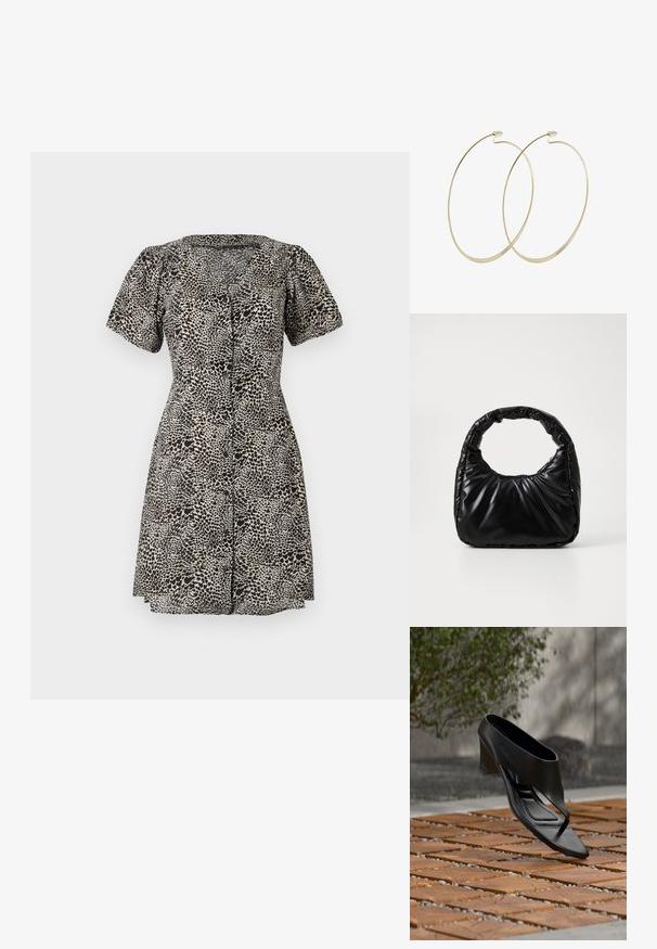 Leopardprintkjole med korte pufærmer, V-udskæring og knaplukning foran. Lavet af letvægtsstof med en flagrende nederdel.; Sort højhælet sandal med thongsrem, svævende over et mønstret træ- og grusbelagt udendørsareal med sløret grønt område og væg i baggrunden.; Sort polstret håndtaske med et rundt håndtag, der har en glat, skinnende overflade og en blød, kviltet tekstur. Ingen synlige hardware eller accenter.; Pilgrim Øreringe - gold-coloured