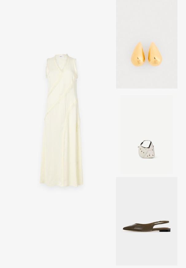 Robe sans manches, de style portefeuille, en jaune pâle avec un décolleté en V. Présente des bords effilochés le long des coutures et a une silhouette fluide. Texture de tissu douce.; Chaussure plate à bout pointu vert olive avec bride arrière, talon noir bas et finition lisse et brillante.; Petit sac à main blanc avec des taches marron, forme triangulaire arrondie, doublure intérieure noire et bandoulière courte réglable avec boucle argentée.; Boucles d'oreilles en or en forme de goutte avec une surface lisse et polie et des fonds arrondis, reflétant la lumière avec une finition brillante.