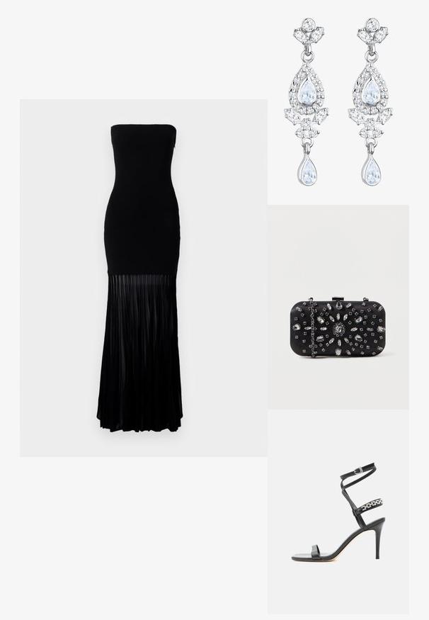 Robe noire sans bretelles avec un corsage ajusté et une jupe plissée fluide. Fabriquée dans un tissu lisse, la partie inférieure présente des plis verticaux.; Sandale noire à talon haut avec fine bride à la cheville, bride médiane décorée de maillons de chaîne argentés, et design à bout ouvert.; Pochette noire de forme rectangulaire, ornée de divers strass disposés en motifs floraux, dotée d'une chaîne en argent pour le transport.; Elli ANTIQUE DROP - Boucles d'oreilles - weiß