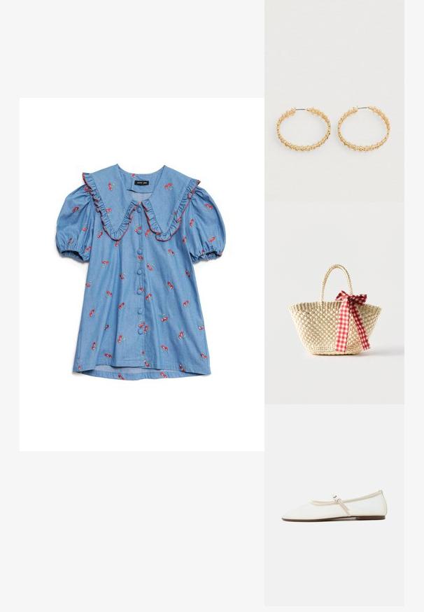 Lichtblauw denim shirt met opgestoken mouwen, oversized gerimpelde kraag, rode kersenborduursel en zes knopen aan de voorkant.; Witte Mary Jane platte schoen met puntige neus, dun verstelbaar bandje met zilveren gesp en bruine zool op een witte achtergrond.; Gevlochten strooien tas met gevlochten handvatten en een rood-wit geruit lint dat aan één zijde in een strik is gebonden.; Gouden oorringen met een textuurontwerp en kleine, ronde kraaltjes langs de buitenrand. Lichtgewicht met een veilige sluiting.