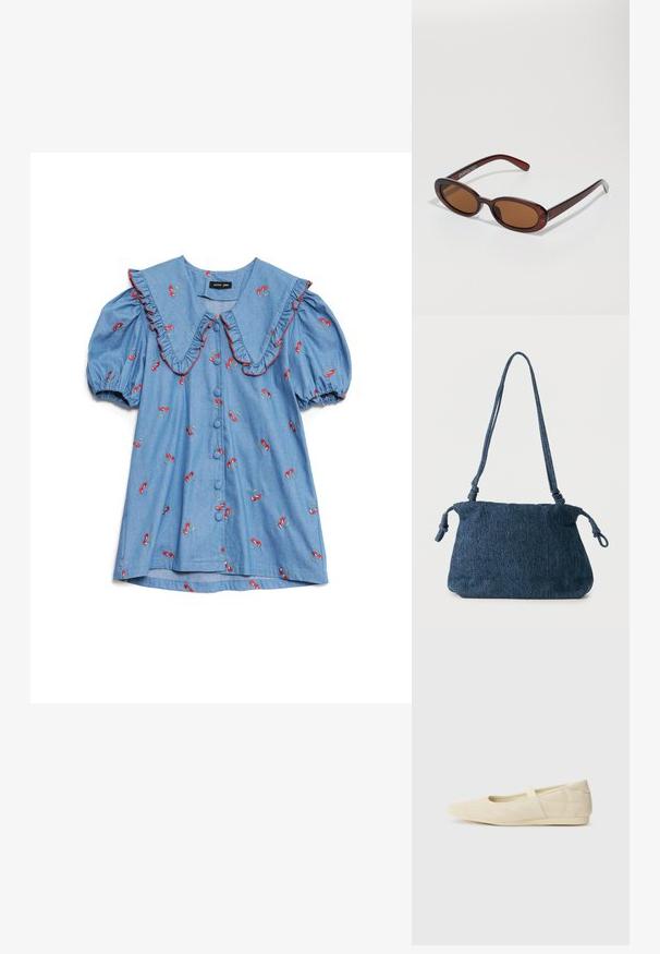 Hellblaues Jeanshemd mit puffärmel, übergroßem Rüschensaum, roter Kirschenstickerei und sechs Knöpfen vorne.; Beige Ballerinas aus glattem Leder mit mandelförmiger Zehenpartie und elastischem Riemen über dem Fußrücken, ausgestattet mit dezenten Nähtelementen.; Runde, braun getönte Sonnenbrillen mit einem glänzenden burgunderfarbenen Rahmen. Schlanke Bügel mit dezentem Branding. Flaches Linsendesign.; Dunkelblaue Denim-Schultertasche mit verknoteten Trägerenden und schlichter rechteckiger Form vor weißem Hintergrund.
