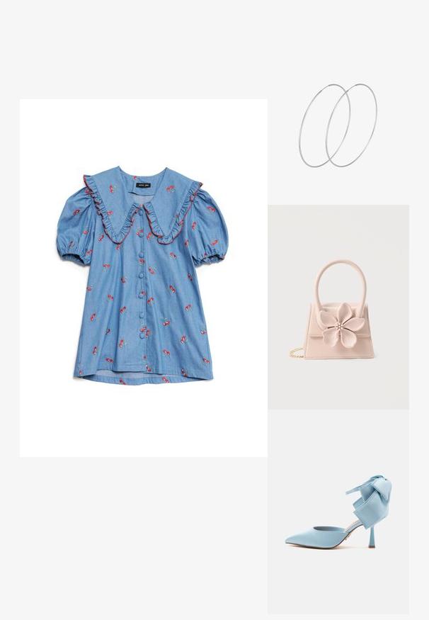 Chemise en denim bleu clair avec des manches bouffantes, un col volanté oversize, une broderie de cerises rouges et six boutons sur le devant.; Escarpin bleu clair à bout pointu avec un talon aiguille et un grand nœud décoratif à la bride arrière de la cheville.; Petit sac à main rose pâle avec une grande décoration florale ornée d'un centre en perles et strass, poignée supérieure et bandoulière en chaîne dorée.; Boucles d'oreilles en argent au design minimaliste. Forme circulaire, texture lisse et profil fin. Légères avec une finition polie.