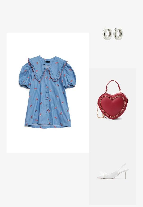 Hellblaues Jeanshemd mit puffärmel, übergroßem Rüschensaum, roter Kirschenstickerei und sechs Knöpfen vorne.; Weißer Slingback-Kitten-Heel mit spitz zulaufender Spitze und Perlenherz- sowie Schleifendetails am Obermaterial.; Rote, herzförmige Handtasche aus glattem Leder mit goldener Kettenverzierung und einem oberen Griff, ausgestattet mit einem abnehmbaren Schultergurt.; Silberne Creolen mit einem glatten, runden Design und glänzender Oberfläche. Verfügt über einen einfachen Scharnierverschluss für ein leichtes Tragen.