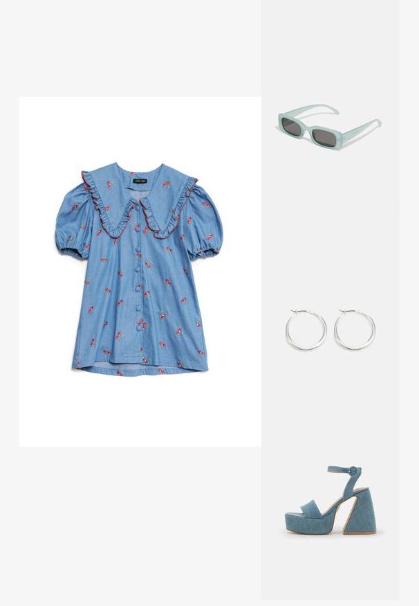 Chemise en denim bleu clair avec des manches bouffantes, un col volanté oversize, une broderie de cerises rouges et six boutons sur le devant.; Sandales en denim à plateforme avec une bride de cheville, large bande avant et un talon géométrique haut en bleu clair avec des accents beige.; Une paire de lunettes de soleil rectangulaires avec des montures translucides bleu clair et des verres gris foncé, présentant des branches droites et des détails matériels minimaux.; Les boucles d'oreilles en argent en forme de créole présentent un design lisse et arrondi avec un profil fin et un fermoir sécurisé. Style minimaliste avec une finition polie.