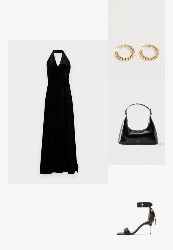 Schwarzes Samt-Halterkleid mit tiefem V-Ausschnitt und bodenlanger Rock auf weißem Hintergrund.; Schwarze Leder-Absatzsandale mit quadrater Zehenform, Fesselriemen mit einer goldenen Schnalle und einem schlanken, metallischen Absatz. Glatte Textur, minimalistisches Design.; Schwarze, glänzende Calvin Klein Handtasche mit goldfarbenem Reißverschluss und kurzem Trageriemen vor schlichtem weißem Hintergrund.; Paar goldfarbene Creolen mit abgerundeten Perlendetails entlang des äußeren Randes auf hellem Hintergrund.