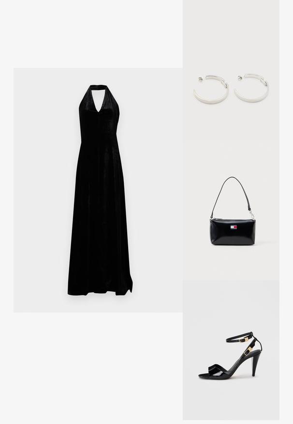 Schwarzes Samt-Halterkleid mit tiefem V-Ausschnitt und bodenlanger Rock auf weißem Hintergrund.; Schwarze, lackierte High-Heeled-Sandalen mit doppelten Knöchelriemen und goldenen Schnallen, Zehen offen und schlankem, spitz zulaufendem Absatz auf neutralem Hintergrund.; Ohrstecker in Silberoptik, halbkreisförmig mit geriffelter Textur und Steckverschlüssen, auf weißem Hintergrund.; Schwarze rechteckige Schultertasche mit kurzem Tragegurt und dem Tommy Jeans-Logo in Rot, Weiß und Blau auf der Vorderseite in der Mitte.