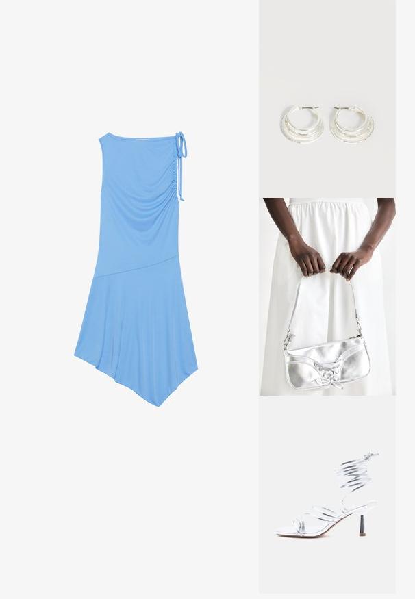 Vestido sin mangas de color azul claro, hecho de una tela suave, con detalle de fruncido en un lado, dobladillo asimétrico y un lazo en el hombro.; Sandalia de tacón alto plateada con tiras delgadas cruzando los dedos del pie y una envoltura en espiral alrededor del tobillo sobre un fondo blanco.; Bolso metálico plateado con detalle de cordones, que presenta un diseño elegante y una correa corta. El bolso está sostenido con las manos, mostrando su textura.; Pendientes de aro de plata con tres bandas semicirculares superpuestas, una adornada con pequeños cristales transparentes sobre un fondo claro.