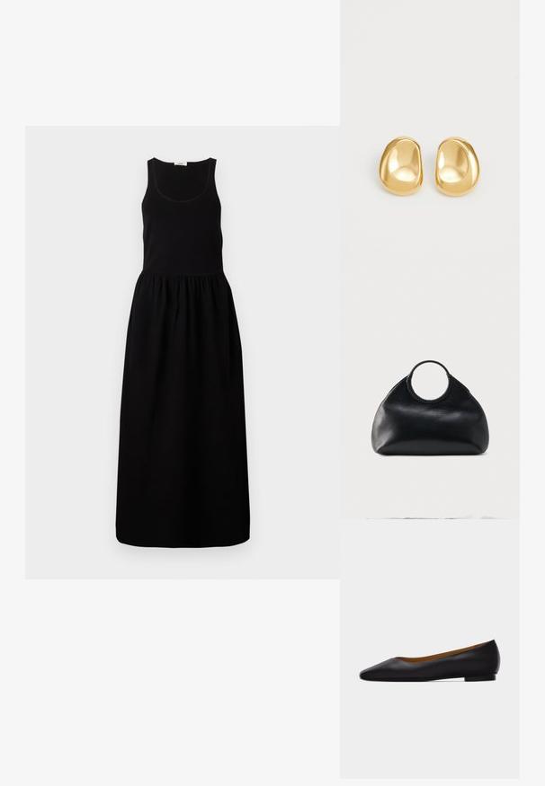 Vestido maxi negro sin mangas con un cuerpo ajustado, cinturilla fruncida y falda fluida. Hecho de una tela suave con una textura lisa.; Zapato plano de punta puntiaguda de cuero negro con tacón bajo y acabado liso, mostrado de perfil sobre un fondo gris claro.; Bolso de cuero negro con forma redondeada y asa superior circular envuelta en costura de cuero a juego.; Pendientes de studs en color dorado con una forma suave y redondeada y una superficie reflectante, que exhiben un diseño minimalista y sin patrones visibles.