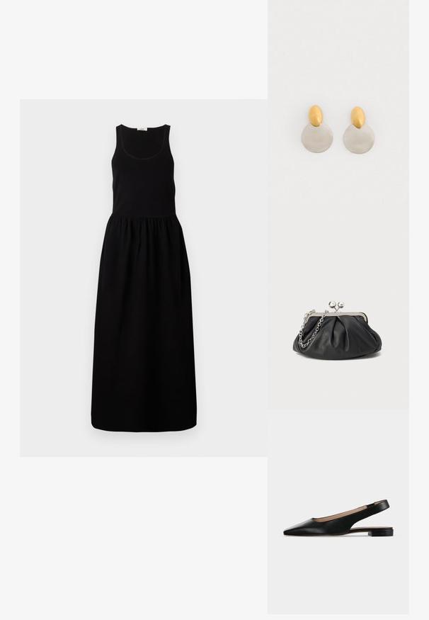 Zwart mouwloos maxi-jurk met een aansluitend lijfje, gathered taille en een vloeiende rok. Gemaakt van een zachte stof met een gladde textuur.; Zwarte leren slingback platte schoen met spitse neus en lage vierkante hak op een witte achtergrond.; Zwarte leren clutch met geplooide textuur, zilverkleurig metalen frame, drukknopsluiting en kettingriem. Glad, zacht oppervlak.; Gouden en zilveren metalen oorbellen met een ronde schijfbasis en een ovale bovenstuk, gladde textuur en gepolijste afwerking.