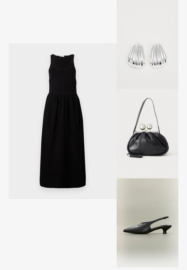 Zwart mouwloos maxi-jurk met een aansluitend lijfje, gathered taille en een vloeiende rok. Gemaakt van een zachte stof met een gladde textuur.; Zwarte leren slingback schoen met puntige neus en lage kittenhak op een neutrale achtergrond.; Zwarte leren handtas met een geplooid ontwerp, een enkele schouderband, zilverkleurige metalen omlijsting en twee grote ronde zilveren sluitingen.; Een paar glanzende zilveren, geribbelde schelpvormige oorbellen op een plain witte achtergrond, met reflecterende en gladde oppervlakken.