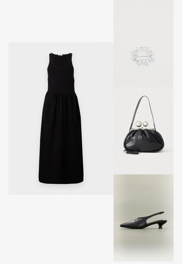 Sort ærmeløs maxikjole med tætsiddende bodice, samlet talje og bølgende skørt. Fremstillet af et blødt stof med en glat overflade.; Sort læder slingback-sko med spids tå og lav kittenhæl på neutral baggrund.; Sort læderhåndtaske med opsamlet design, en enkelt rem, sølv metalramme og to store runde sølv lukninger.; Cirkulær broche med flere dråbeformede klare krystaller indsat i en sølvfarvet metalbase, med en nålefastgørelse på bagsiden.