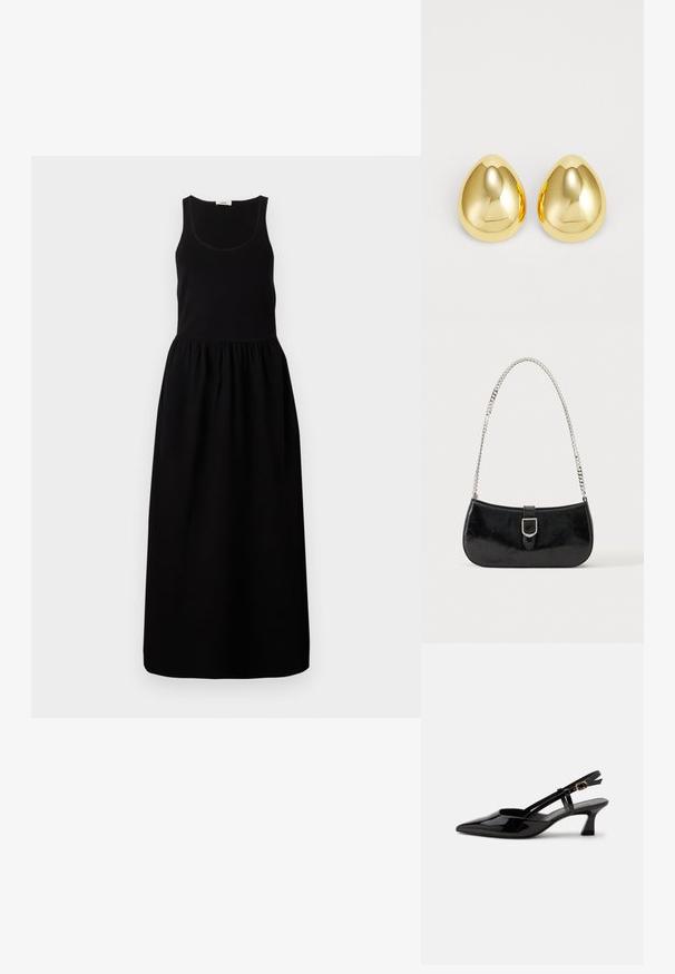 Zwart mouwloos maxi-jurk met een aansluitend lijfje, gathered taille en een vloeiende rok. Gemaakt van een zachte stof met een gladde textuur.; Zwarte lakleren slingback kitten heel schoen met spitse neus en verstelbare gouden gespsluiting op een witte achtergrond.; Zwarte lakleren schoudertas met een zilveren gespdetail en een zilveren kettingriem, getoond tegen een effen lichte achtergrond.; Gouden studoorbellen met een gladde, gepolijste afwerking en een druppelvorm, die licht reflecteren voor een glanzende uitstraling.
