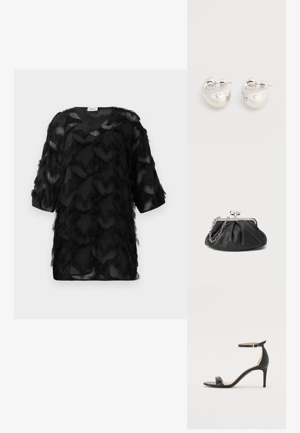 Blouse noire transparente avec des manches trois-quarts, motif texturé en zigzag avec franges, et un col en V, présentée sur un fond blanc.; Sandale à talons hauts en cuir noir avec une lanière de cheville. Présente une texture lisse, un bout ouvert et un talon fin. Détail de boucle en ton doré.; Porte-monnaie en cuir noir avec texture froncée, cadre en métal argenté, fermeture à verrouillage kiss-lock et bandoulière en chaîne. Surface lisse et douce.; Paire de boucles d'oreilles argentées brillantes et épaisses avec fermoirs à tige, sur fond blanc uni.